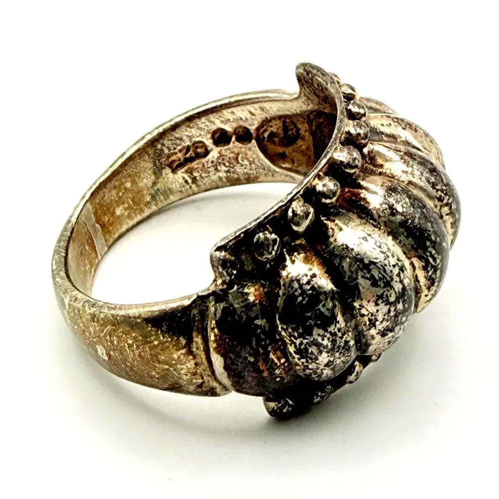Vintage Sterling Silver Ring Size 6 Women's Domed Scalloped Beaded Artisan Boho